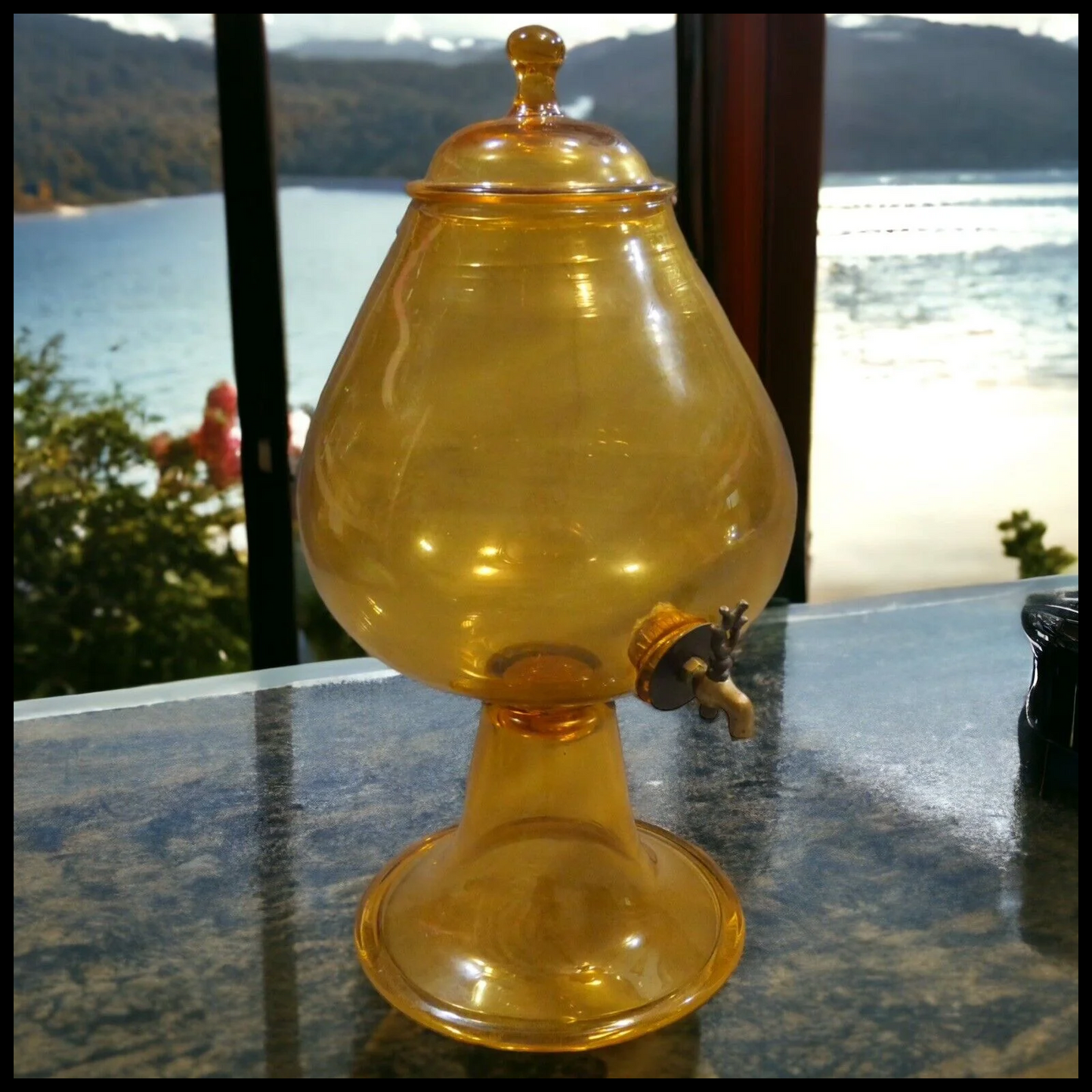 1960's Italian Mid Century Modern Empoli Topaz Glass Footed Beverage Dispenser