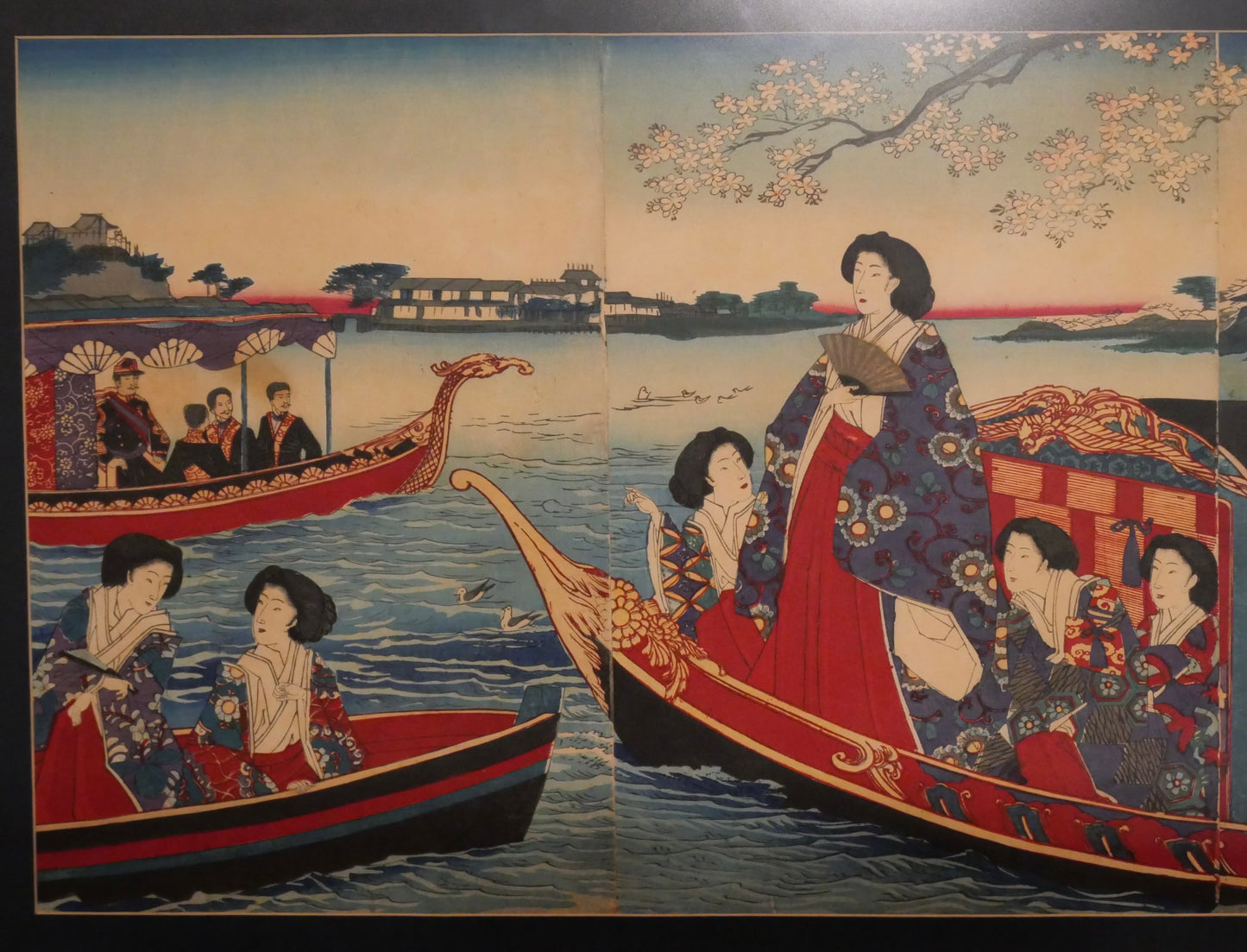 Late 19th Century Japanese Chikanobu "Pleasure Boat Outing" Framed Triptych Set of 3 Ukiyo-e Woodblock Prints (Meiji Period)