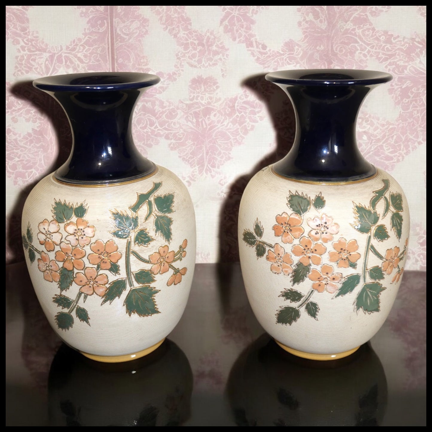 Pair of Early 20th Century English Art Nouveau Lovatt's Langley Ware Stoneware Floral Motif Tapestry Baluster Vases