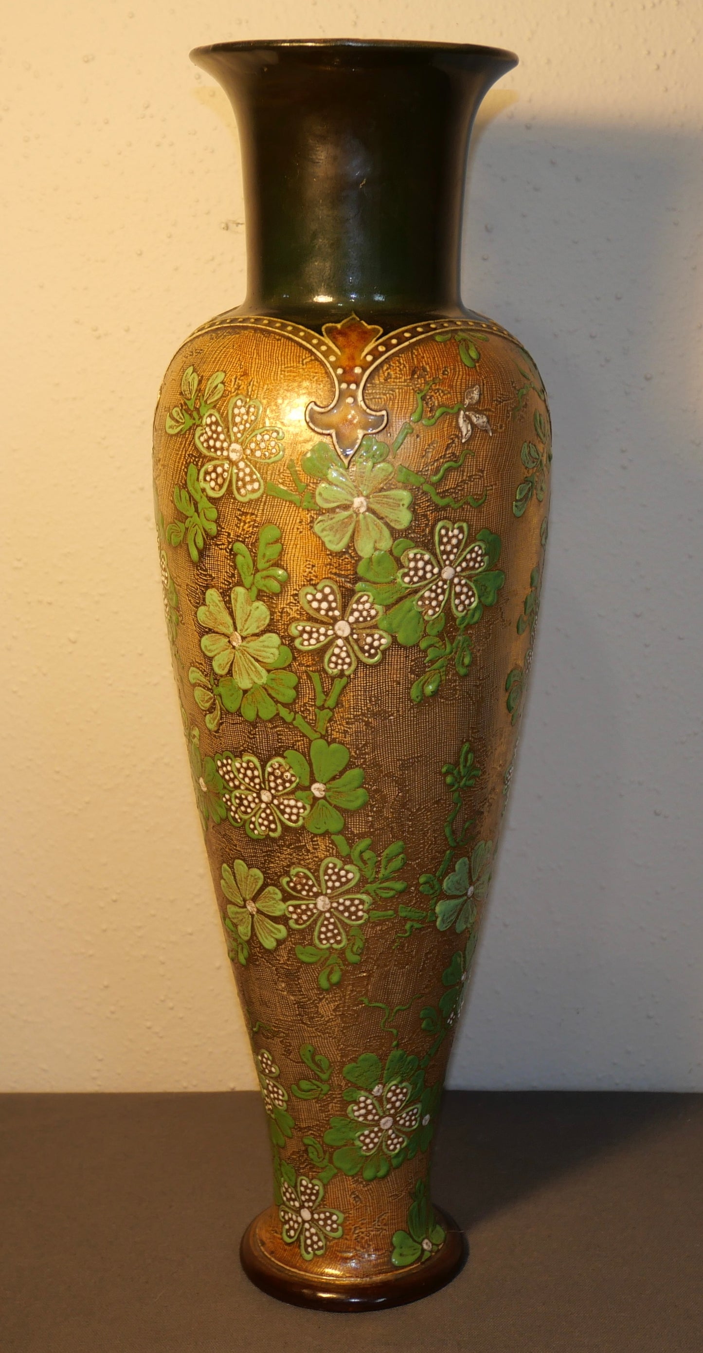 Late 19th Century English Art Nouveau Doulton Lambeth Slaters Patent Stoneware Gilded Green Floral Motifs Tapestry Baluster Vase by Harriet Knight and LF Bowen