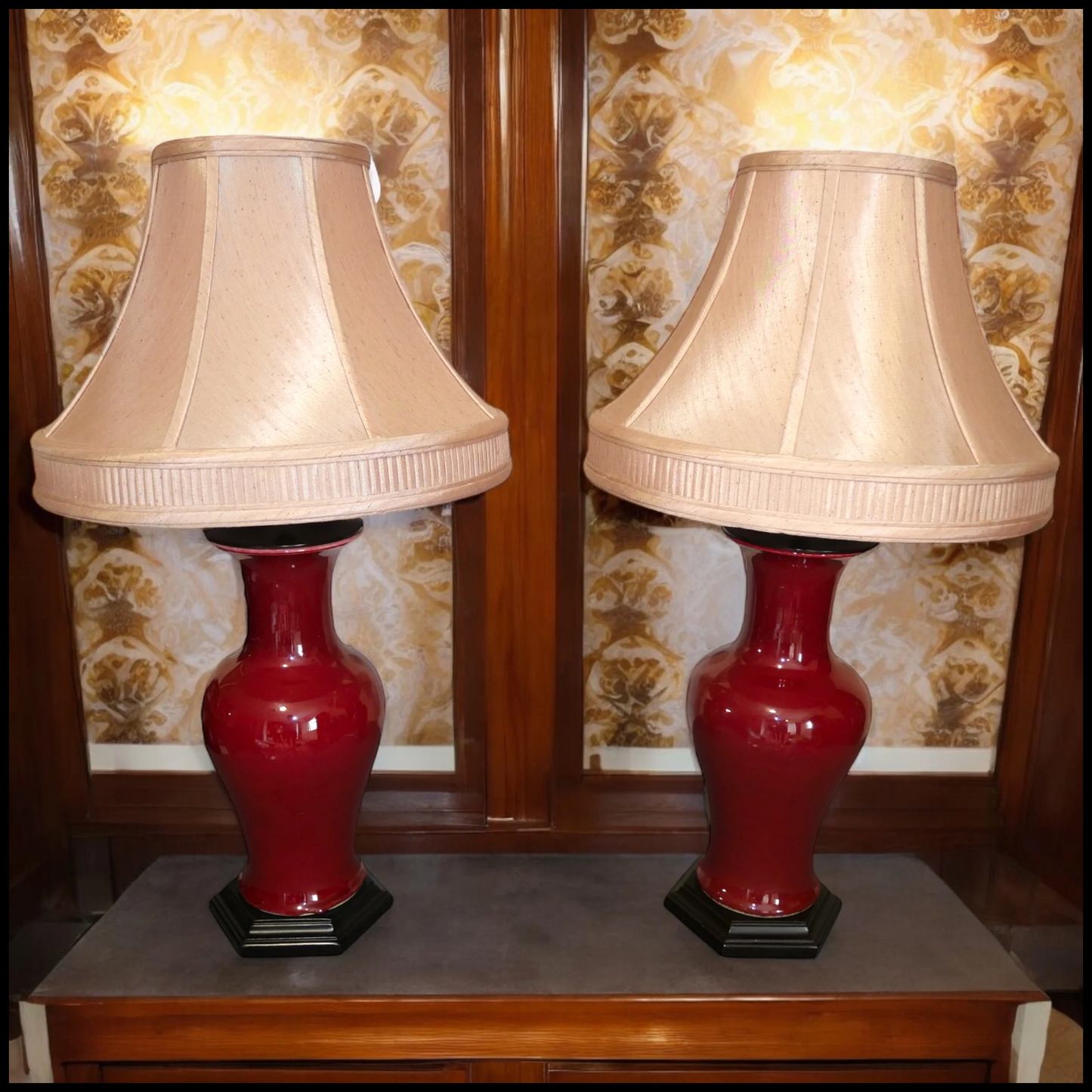 Pair of Vintage 1990’s Chinese Oriental Accent Oxblood Porcelain Table Lamps