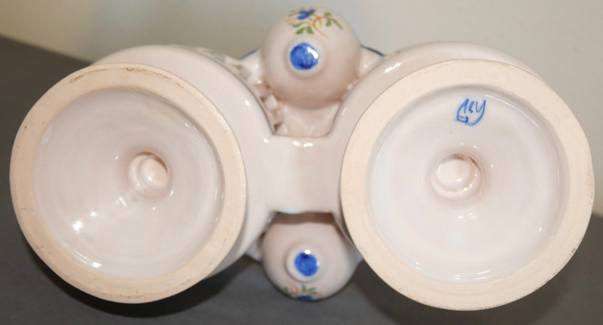 Vintage Circa 1970 Spanish Jose Gimeno Martinez Manises Earthenware Oil and Vinegar Cruet Set with Handled Server