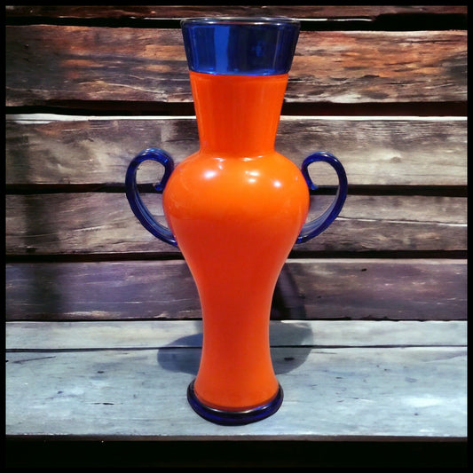 2001 Ipso Facto Art Glass Contemporary Style Orange/Blue Double Handled Vase