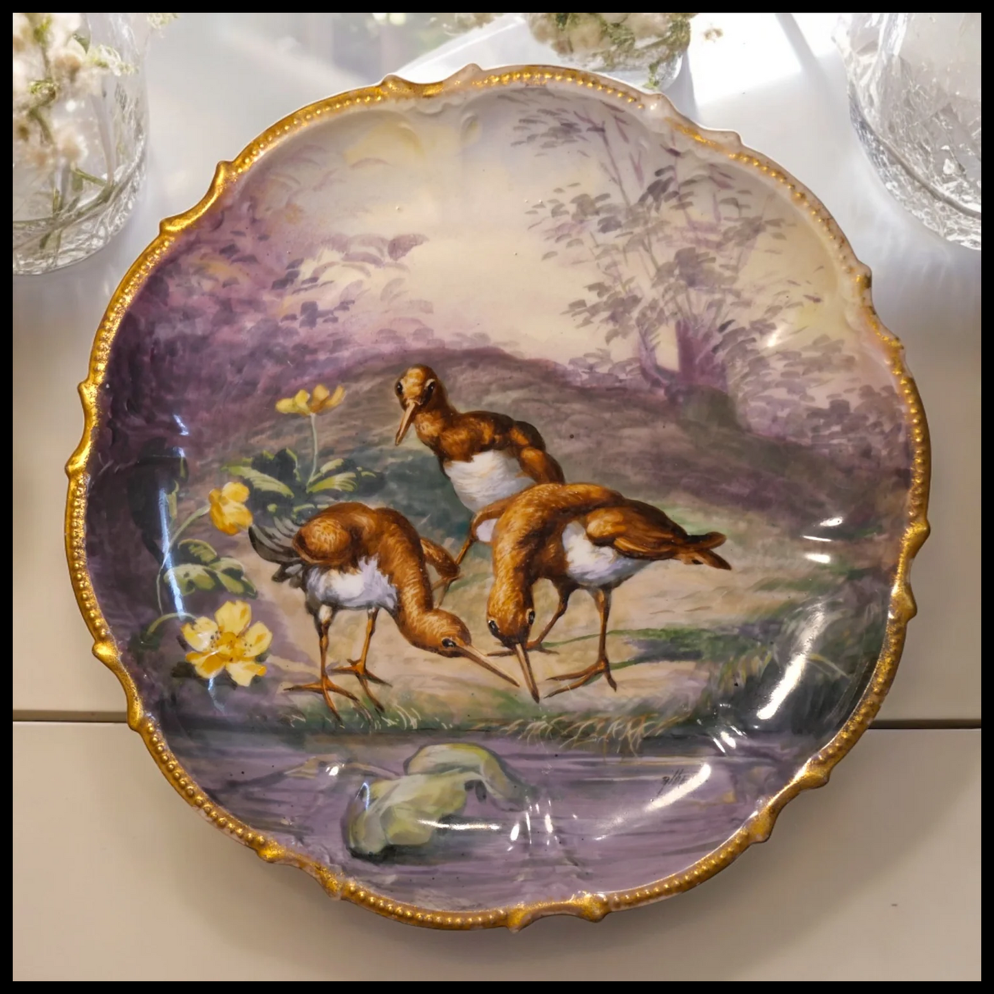 Circa 1900 French Limoges Latrille Freres Porcelain Gilded Hand Painted Sandpiper Birds Motif Charger Plate Signed Albert