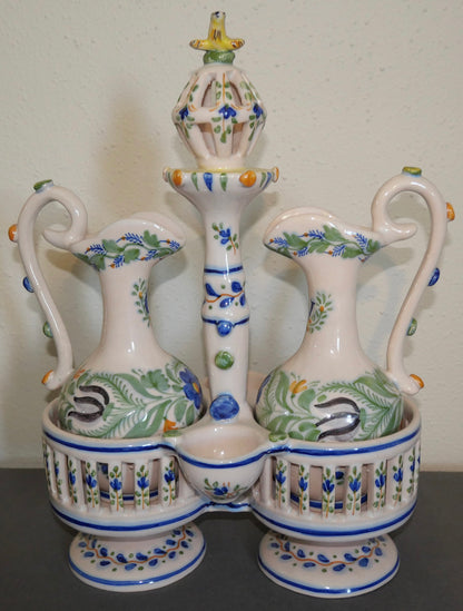 Vintage Circa 1970 Spanish Jose Gimeno Martinez Manises Earthenware Oil and Vinegar Cruet Set with Handled Server