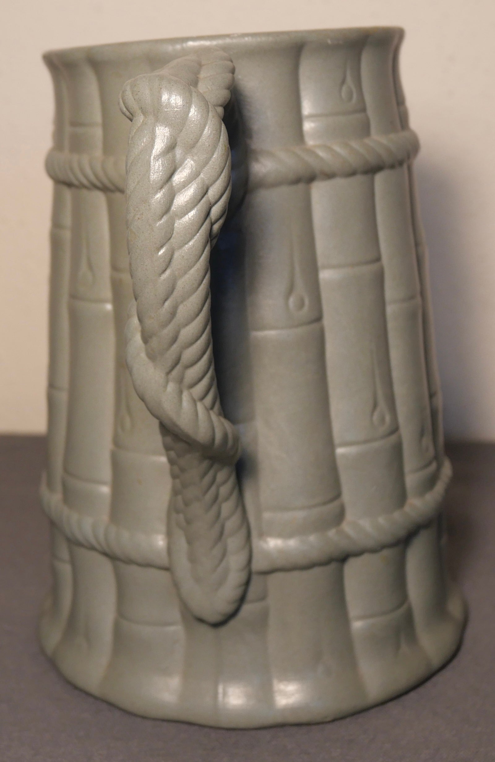 Mid 19th Century English Staffordshire Pale Green Drabware Bamboo/Rope Relief Motif Pitcher