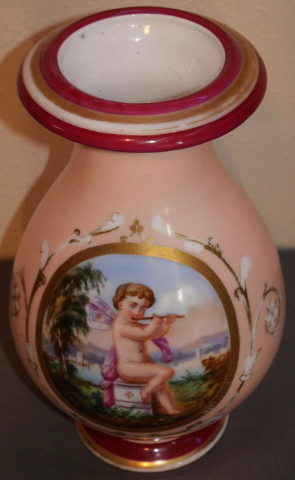 Circa 1860 French Napoleon III Old Paris Porcelain Hand Painted Gilded Cupid Motif Baluster Vase