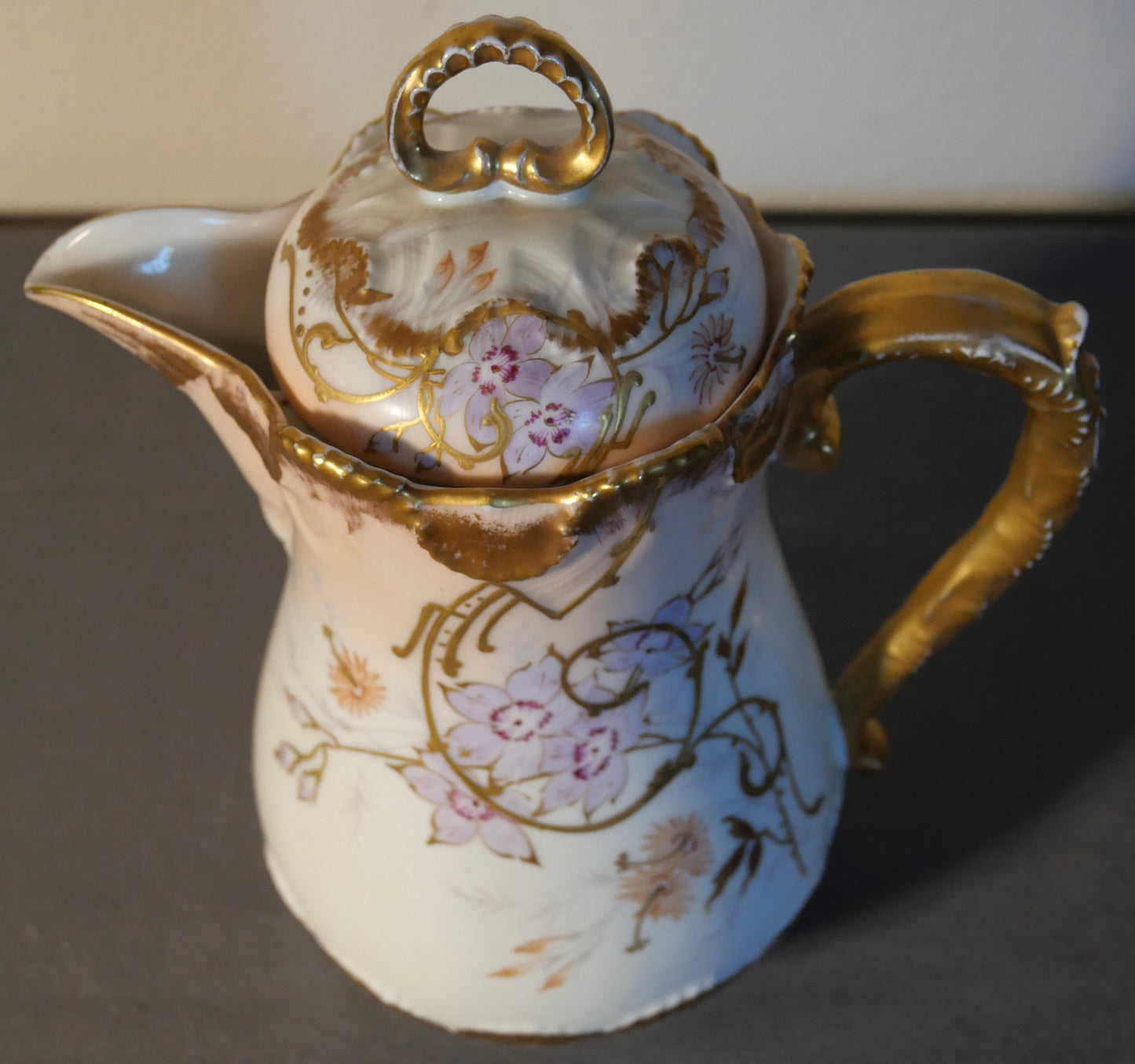 Circa 1900 French Art Nouveau L. Straus & Sons Limoges Gilded Pink/White Porcelain Hand Painted Floral Motifs Shell Design Chocolate Pot