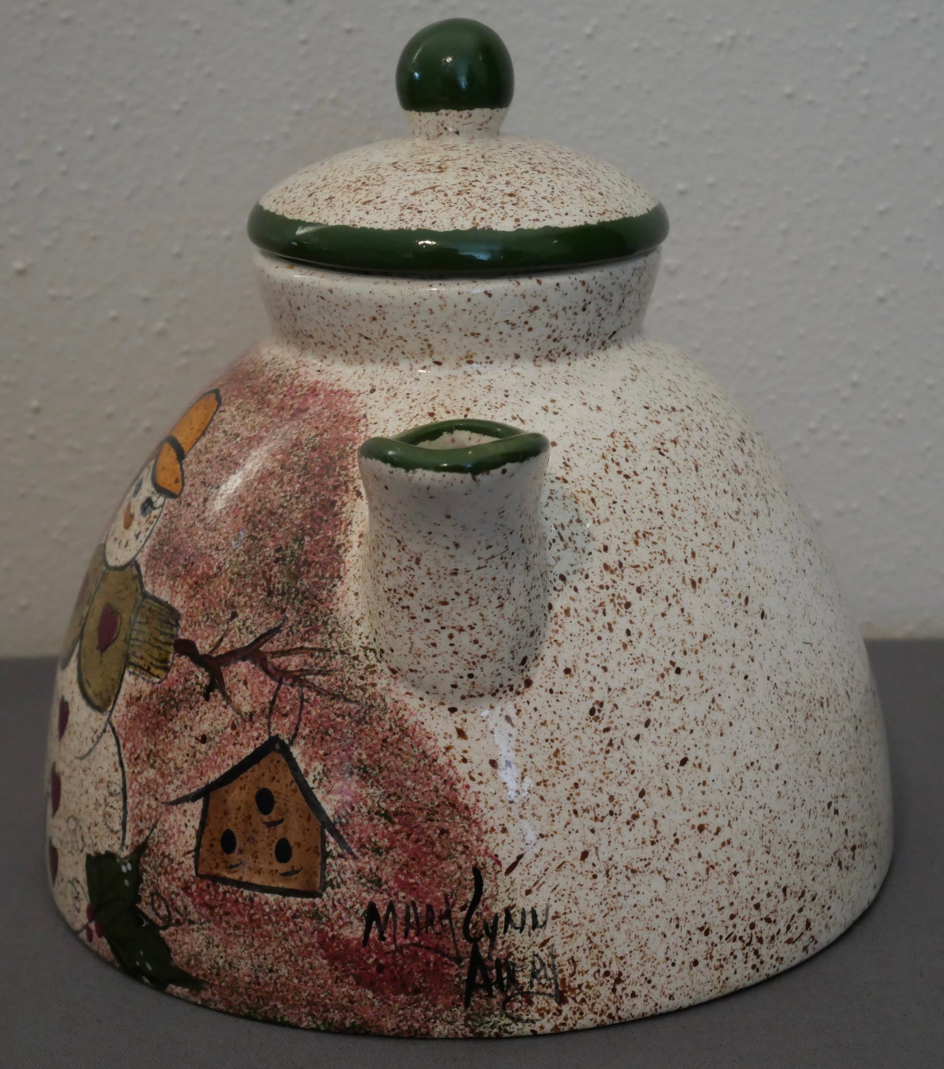 1960's American Mid Century Modern Ceramic Snowman Family Motif Speckled Hand Painted Coffee/Teapot by Mary Lynn Autry (Louisiana)