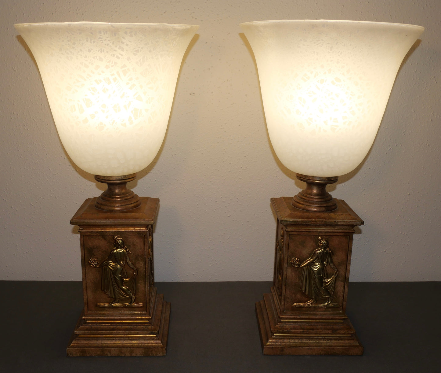 Pair of Vintage 1970's American Hollywood Regency Gilded Hellenic Motifs Metal Base/Mottled Glass Shade Torch Form Torchiere Table Lamps