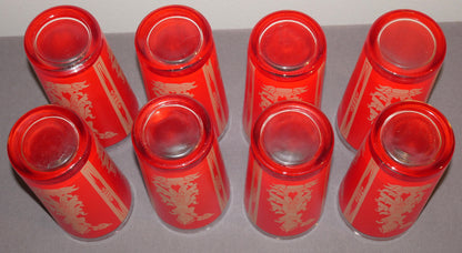 Set of 8 1960's American Culver Mid Century Modern Red/Gold Siamese Thai Dancer Highball Glasses