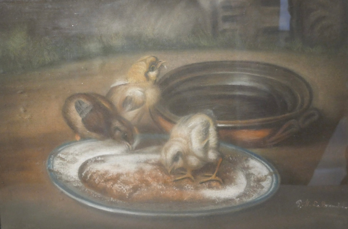 Late 19th Century Realist Chicks Eating from Plate Framed Pastel Drawing by P.H. Le Branche (American)