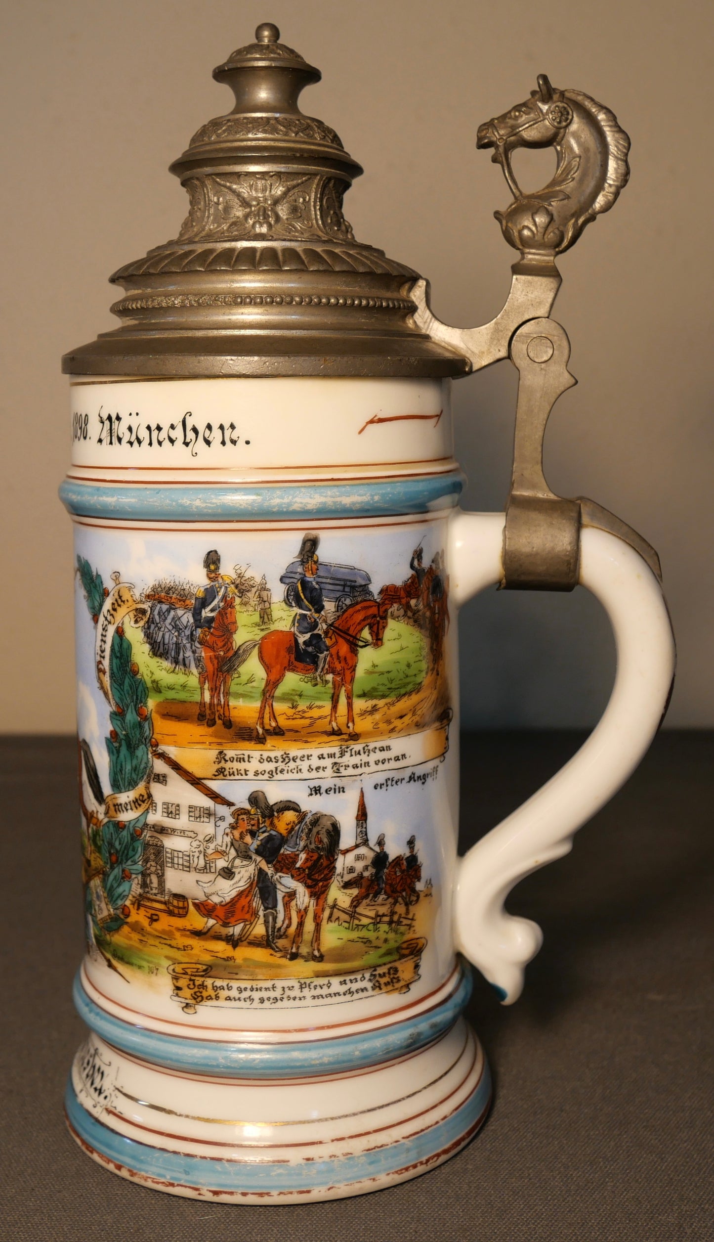 1898 German Imperial Reservist Train-Bataillon Kompanie Munchen Porcelain King Ludwig III Lithophane Lidded Stein