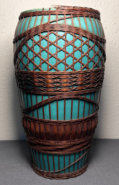 Circa 1930 Japanese Kyoto Awaji Pottery Turquoise Split-Bamboo Wrapped Baluster Vase (Early Showa Period)