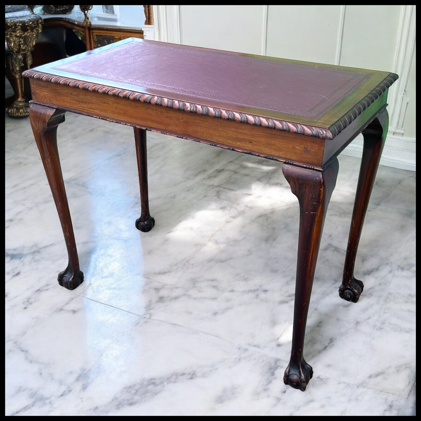 Circa 1910 English Edwardian Style Mahogany Ball/Clawfoot Leather Top Library Table