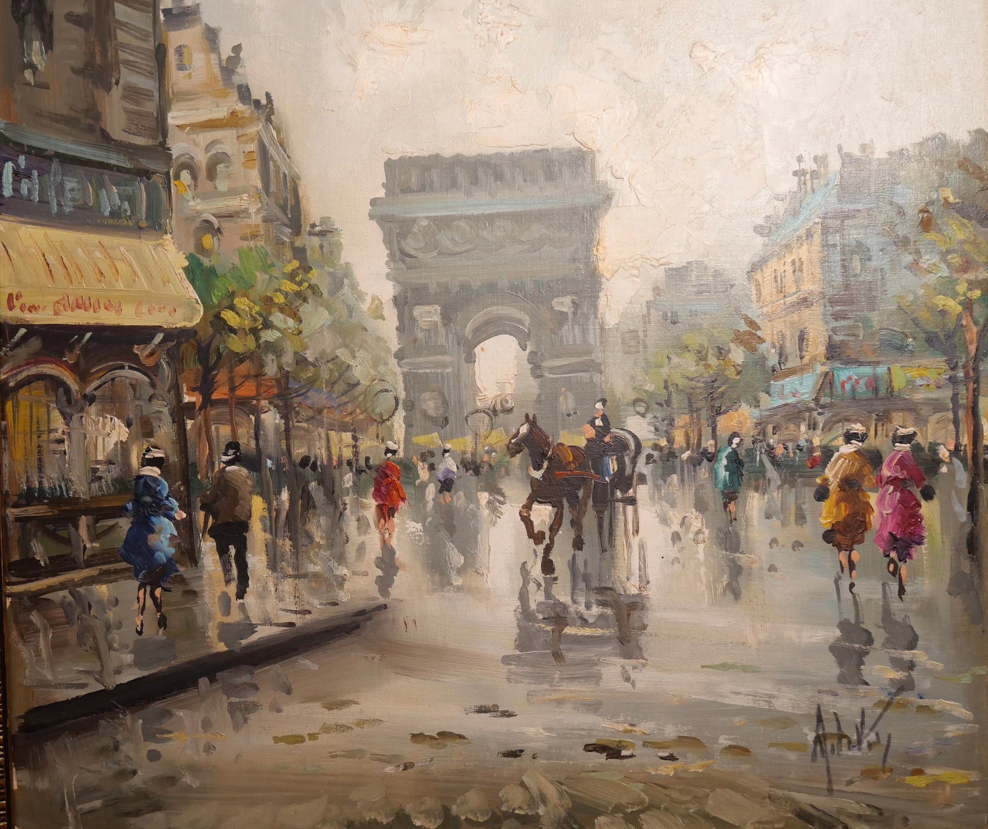 Antonio DeVity - Arc de Triomphe Paris Street Scene Framed Oil Painting on Canvas (Italian) (Mid 20th Century)