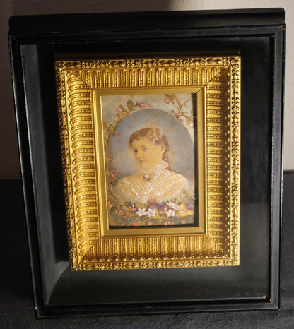 Circa 1860 French Victorian Young Girl Miniature Portrait Oil Painting in Gilded Wood Frame Set in Ebonized Wood Shadowbox Frame