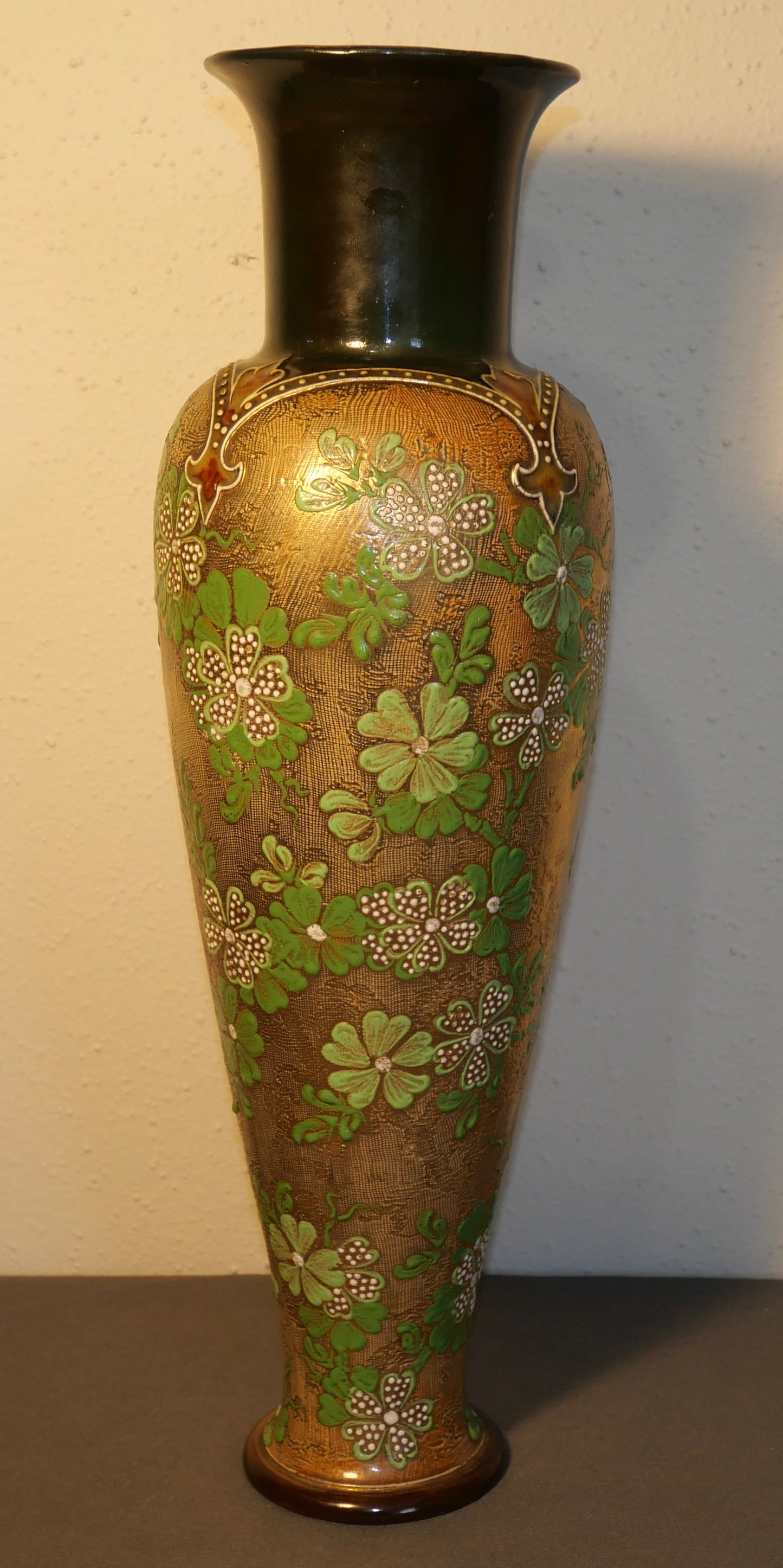 Late 19th Century English Art Nouveau Doulton Lambeth Slaters Patent Stoneware Gilded Green Floral Motifs Tapestry Baluster Vase by Harriet Knight and LF Bowen