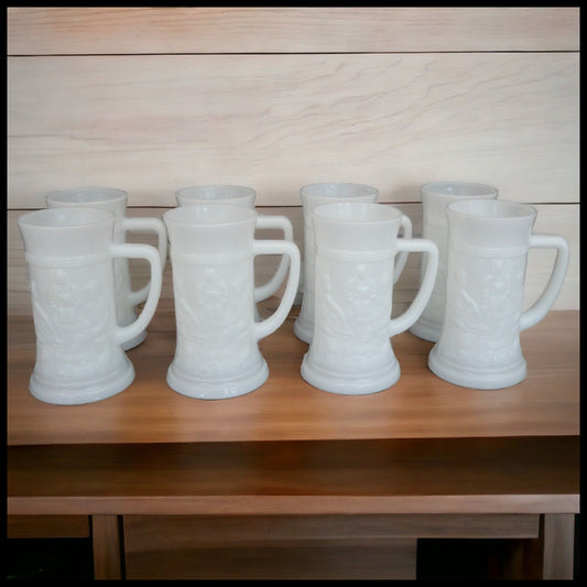 Set of 8 Vintage 1960's American Federal Milk Glass Bavarian Tavern Scene Motif Steins