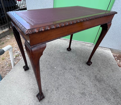 Circa 1910 English Edwardian Style Mahogany Ball/Clawfoot Leather Top Library Table