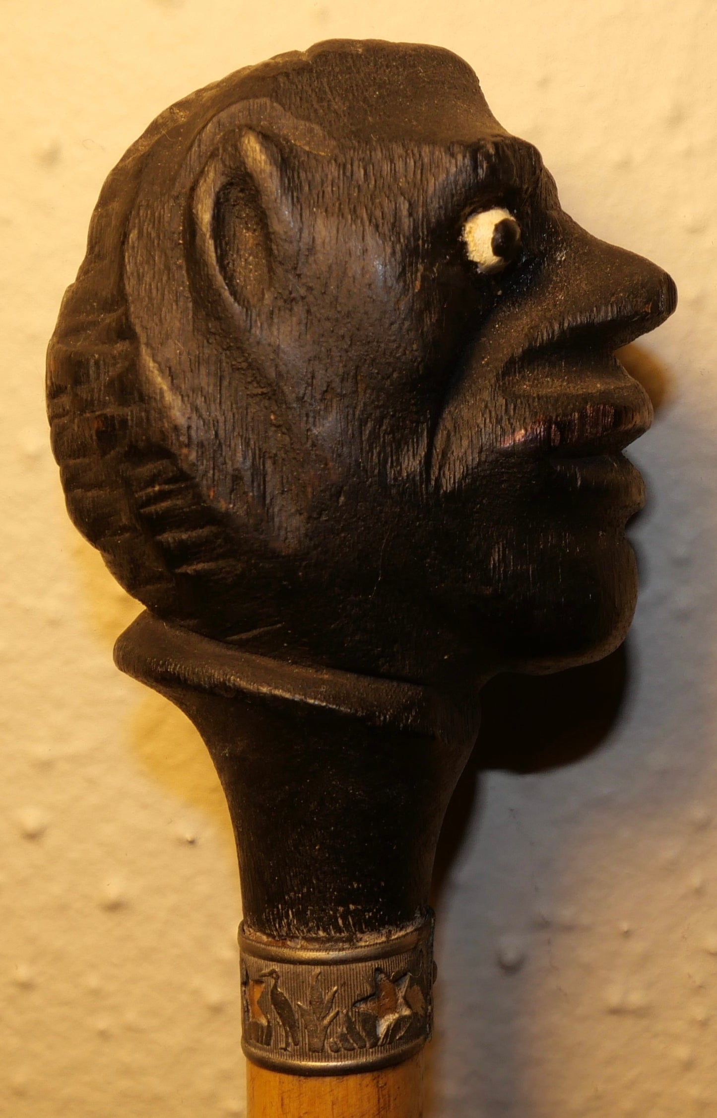 Circa 1880 French Victorian Carved Ebony Wood Moorish Man Head with Sulphide Eyes Pommel/Bamboo Shaft Walking Cane