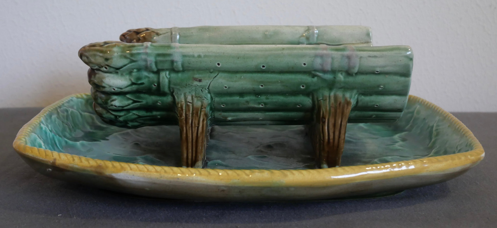 Circa 1880 English Majolica Cradle Asparagus Server with Attached Underplate