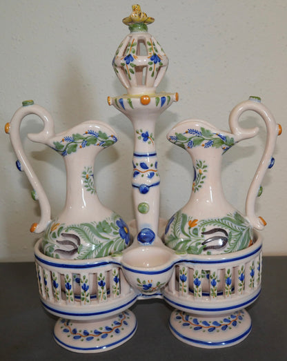 Vintage Circa 1970 Spanish Jose Gimeno Martinez Manises Earthenware Oil and Vinegar Cruet Set with Handled Server