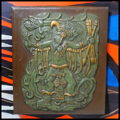 1970’s Mexican El Arte Azteca Crushed Malachite Aztec Warrior Motif Plaque