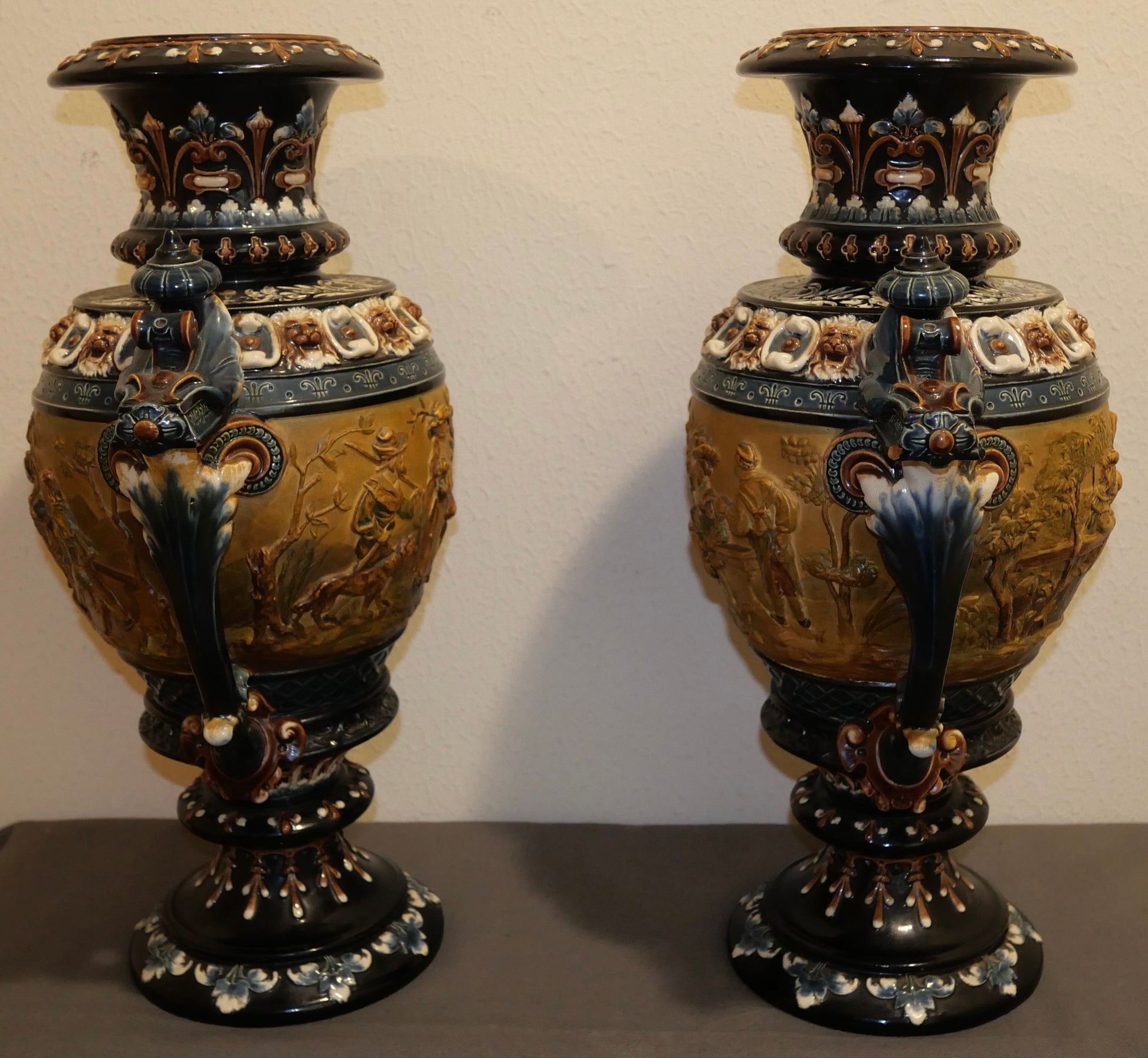 Pair of Late 19th Century Austrian Renaissance Revival Julius Greiner & Son Majolica Figural Scene Motif Double Handled Vases