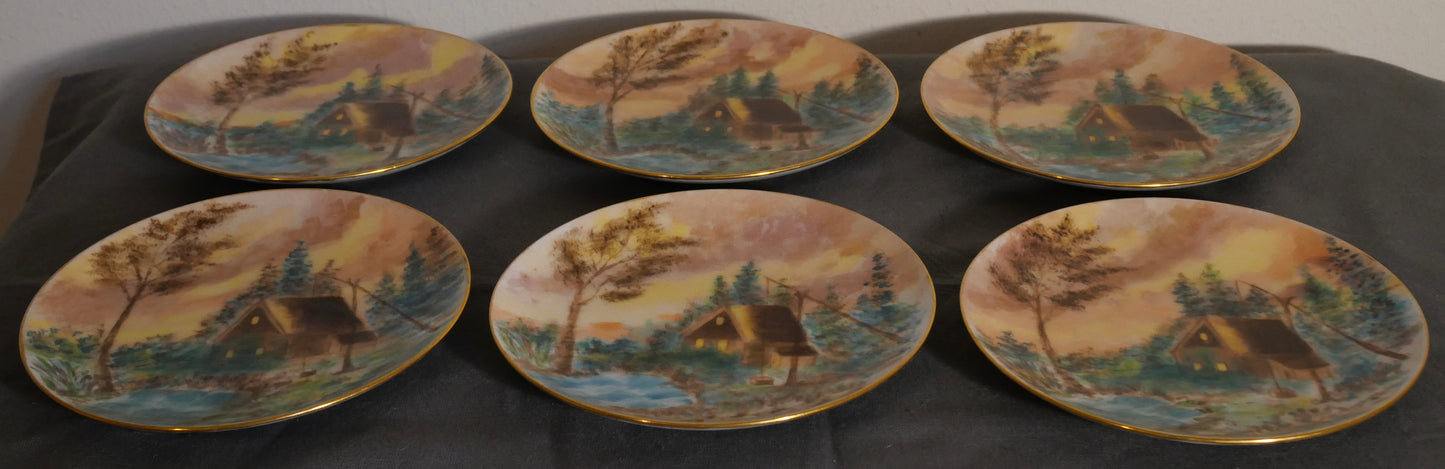 Set of 6 Circa 1900 American Impressionist Style Forest Cabin Landscape Motif Painted Porcelain Gilded Rim Appetizer Plates