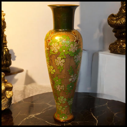 Late 19th Century English Art Nouveau Doulton Lambeth Slaters Patent Stoneware Gilded Green Floral Motifs Tapestry Baluster Vase by Harriet Knight and LF Bowen