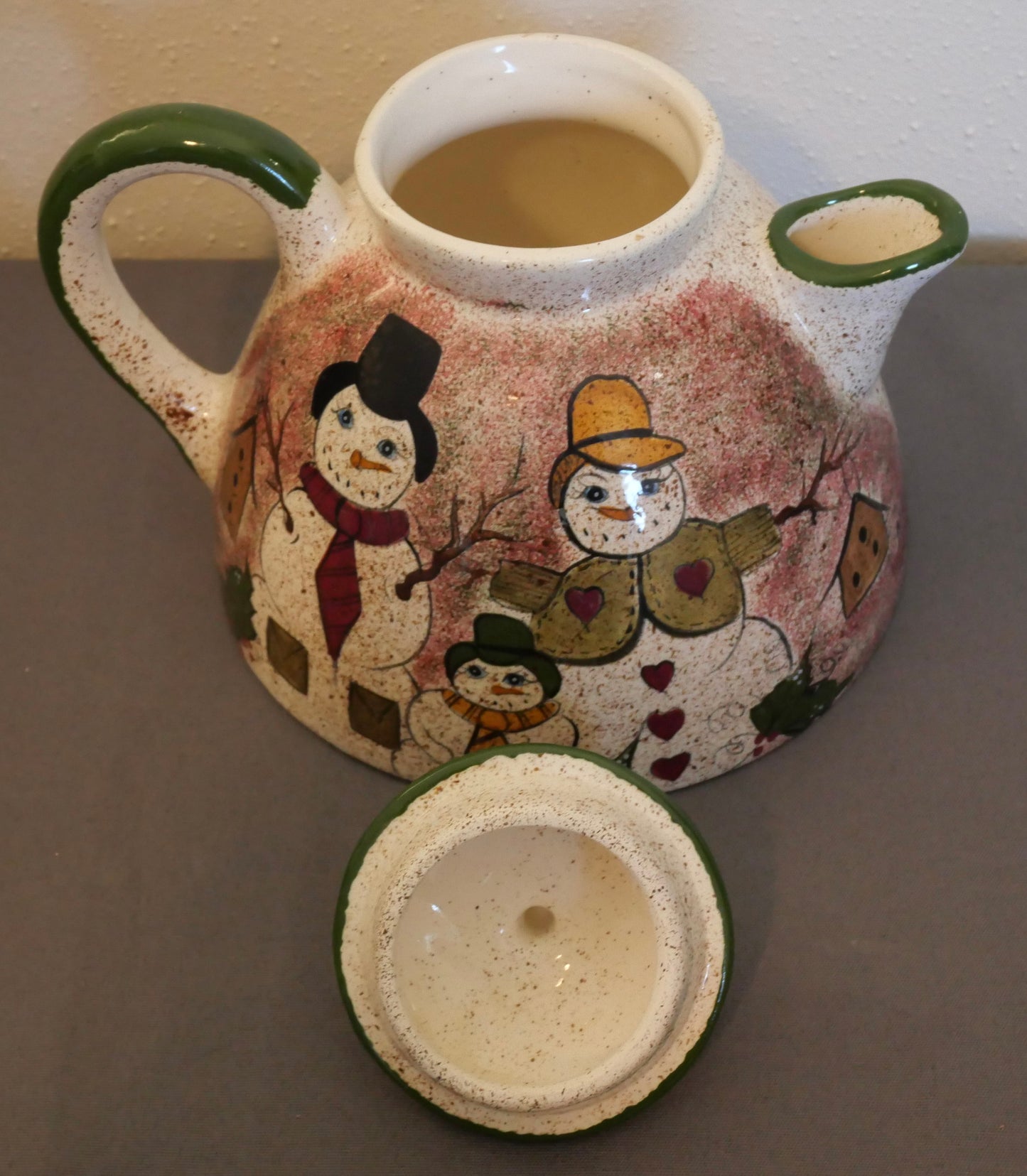 1960's American Mid Century Modern Ceramic Snowman Family Motif Speckled Hand Painted Coffee/Teapot by Mary Lynn Autry (Louisiana)