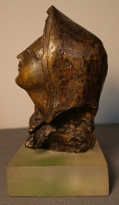 Vintage Mid 20th Century Expressionist Style Veiled Woman Bust Bronze Sculpture on Acrylic Base by V. Palmones (Artist Proof) (Spain)