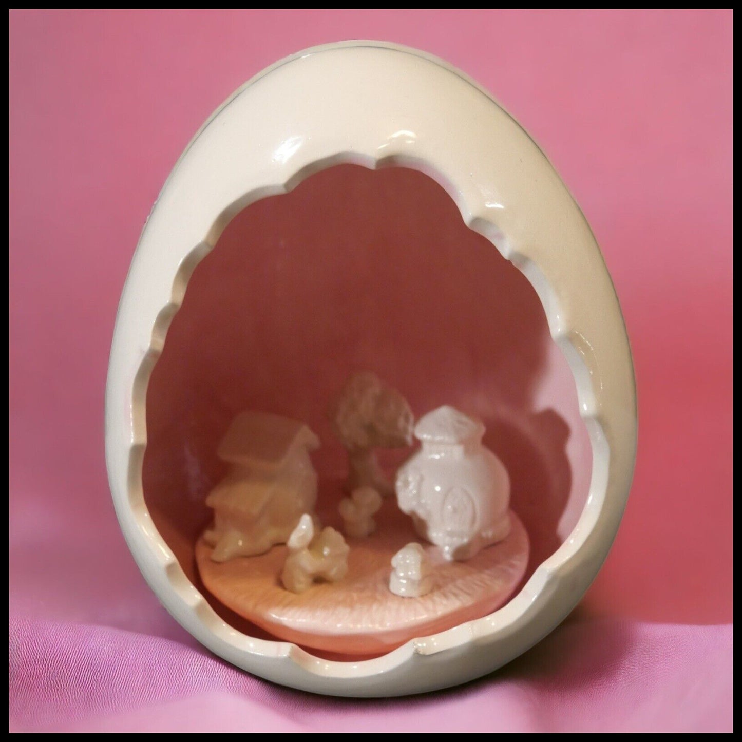 1970's American Mid Century Modern Ceramic Rabbit Village in Egg Shell Sculpture