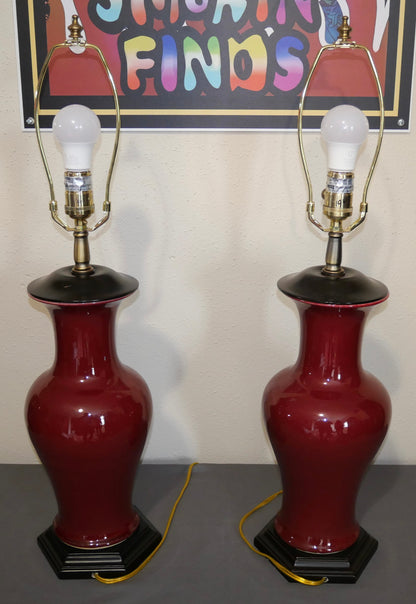 Pair of Vintage 1990’s Chinese Oriental Accent Oxblood Porcelain Table Lamps