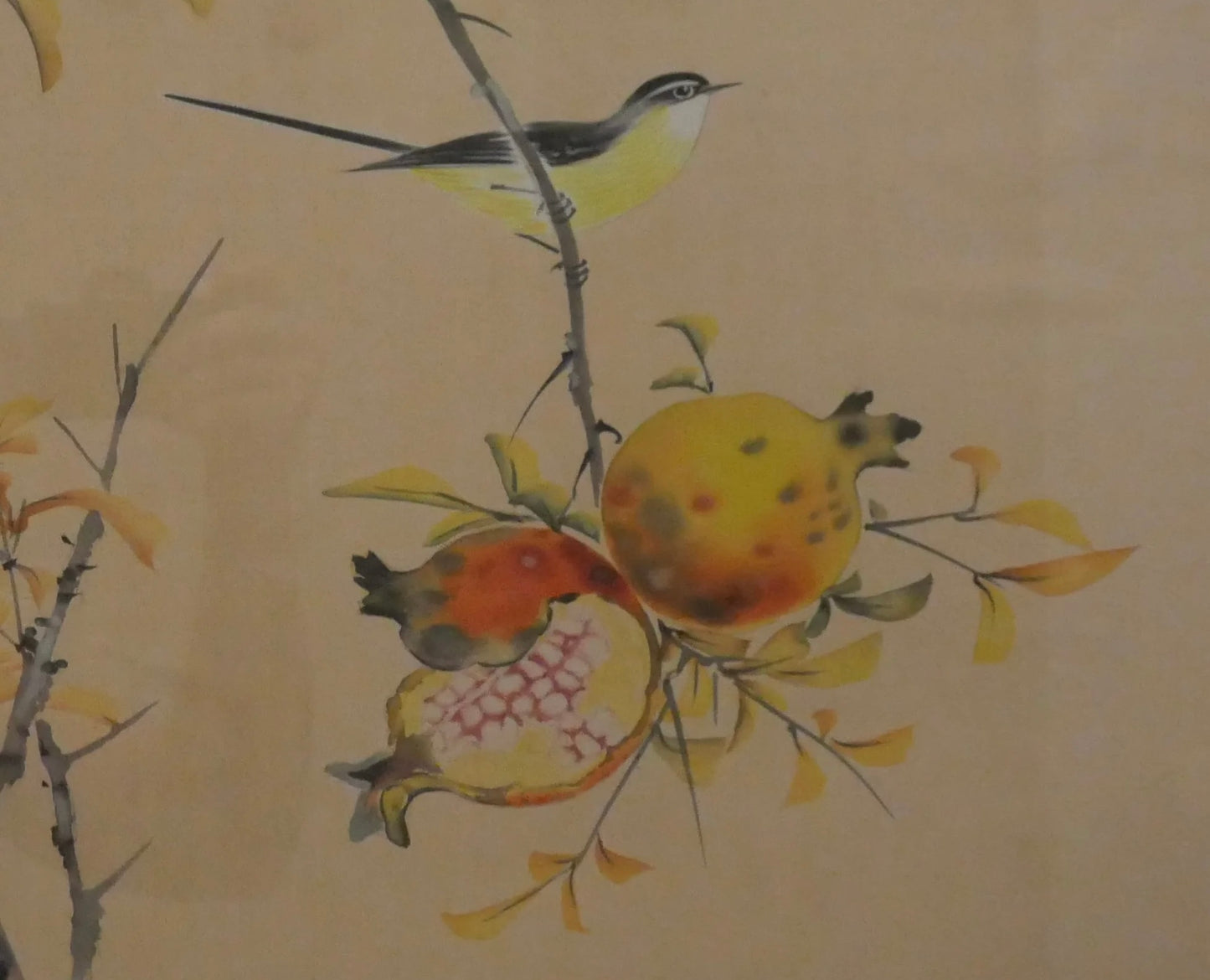 Vintage Mid 20th Century Japanese Grey Wagtail Bird in Pomegranate Tree Framed Silk Painting Signed Hidemi