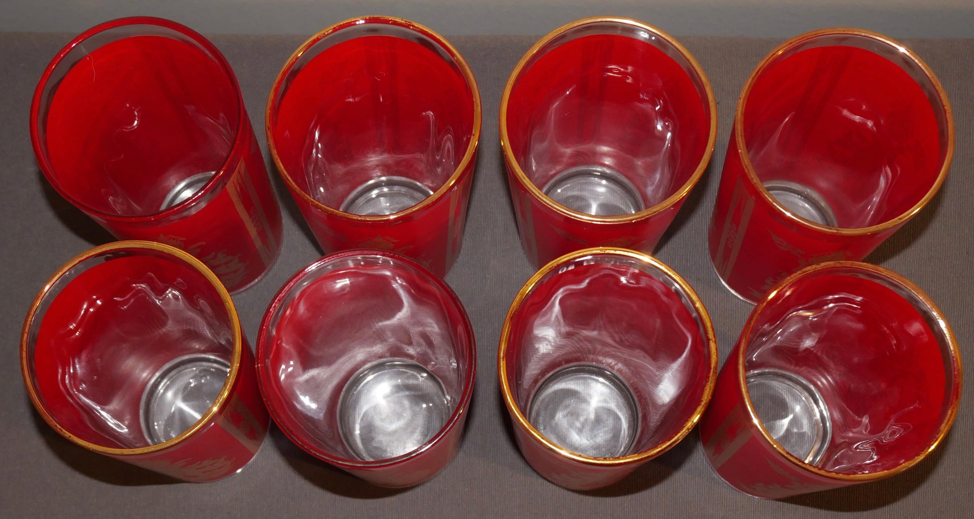 Set of 8 1960's American Culver Mid Century Modern Red/Gold Siamese Thai Dancer Highball Glasses