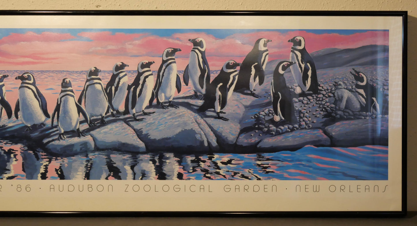 Vintage 1986 New Orleans Audubon Aquarium Penguins Exhibit Framed Poster