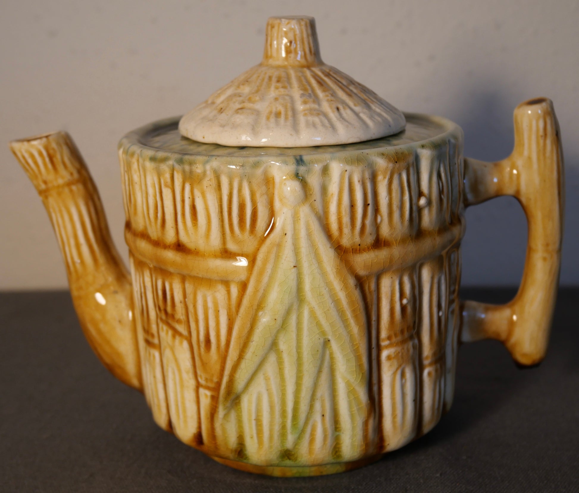 Circa 1880 J.S. Taft & Co. Pottery Majolica Bamboo Design Teapot Made in Keene, New Hampshire