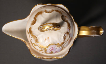 Circa 1900 French Art Nouveau L. Straus & Sons Limoges Gilded Pink/White Porcelain Hand Painted Floral Motifs Shell Design Chocolate Pot