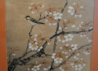 Vintage Mid 20th Century Japanese Oriental Tit Bird in Cherry Blossom Tree Silk Painting Signed Hidemi