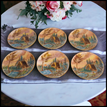 Set of 6 Circa 1900 American Impressionist Style Forest Cabin Landscape Motif Painted Porcelain Gilded Rim Appetizer Plates