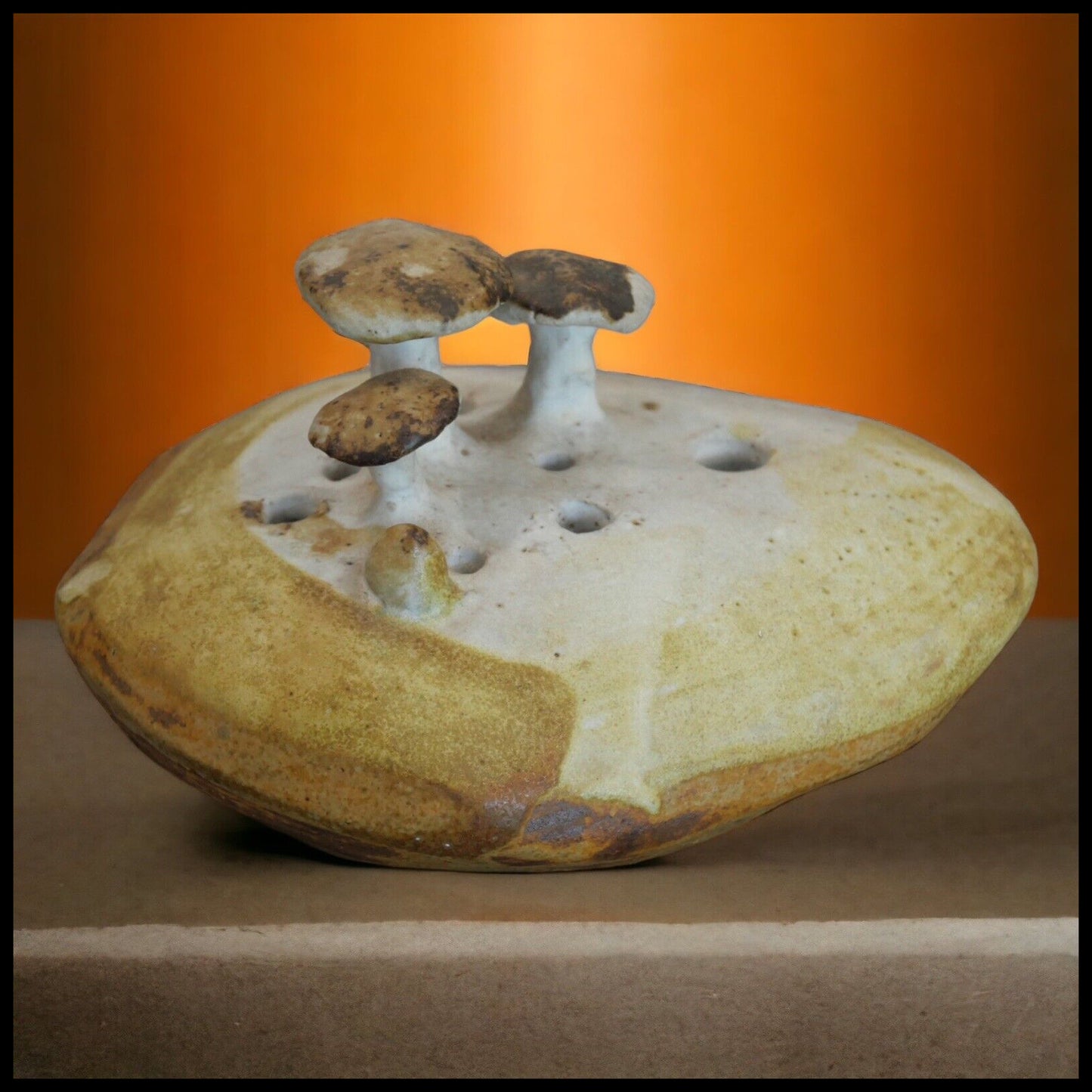 Circa 1970 Contemporary Stoneware Art Pottery Mushrooms on Rock Weed Pot Vessel