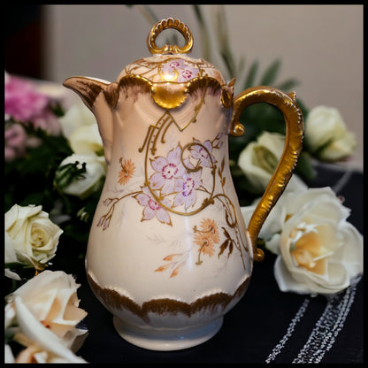 Circa 1900 French Art Nouveau L. Straus & Sons Limoges Gilded Pink/White Porcelain Hand Painted Floral Motifs Shell Design Chocolate Pot