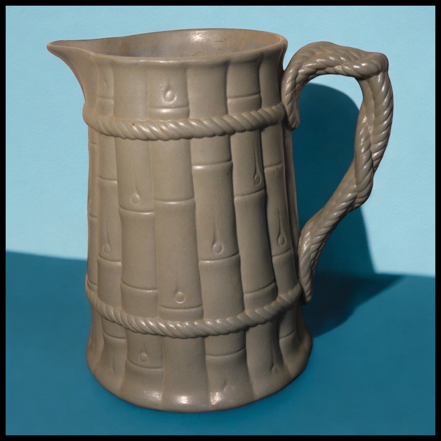 Mid 19th Century English Staffordshire Pale Green Drabware Bamboo/Rope Relief Motif Pitcher