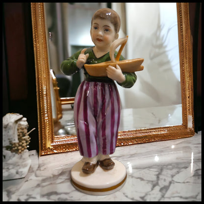 Late 19th Century German Ludwigsburg Porcelain Style Young Boy with Regatta Model Boat Cabinet Figurine