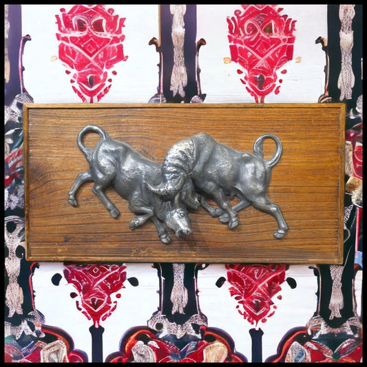 1960's Mid Century Modern Fighting Bulls Metal/Faux Wood Raised Relief Plaque