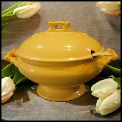 Vintage 1972 American Mid Century Modern Yellow Ceramic Tureen with Ladle