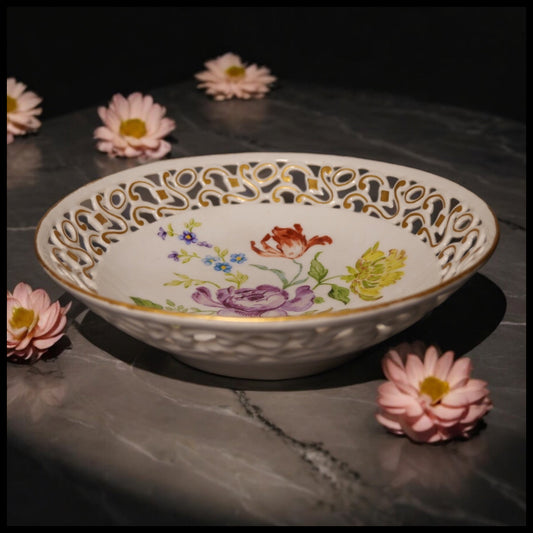 1935 German Porcelain Hand Painted Gilded Floral Motif Reticulated Rim Bowl