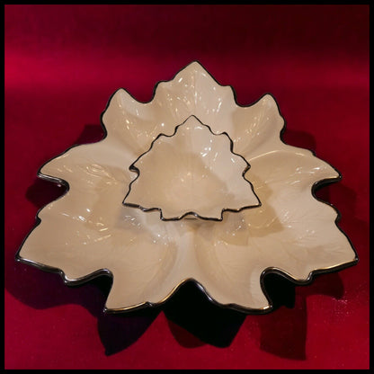 Vintage 1970's American Mid Century Modern Holland Mold Ceramic Maple Leaf Chip/Dip Bowl Set